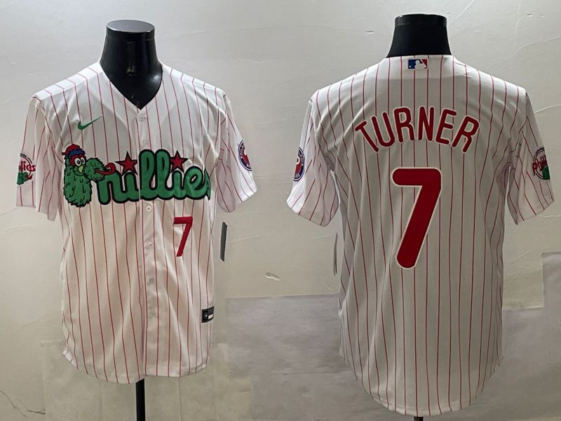 Men Philadelphia Phillies #7 Turner White Stripe Three generations Joint Name Game 2025 Nike MLB Jersey style 2